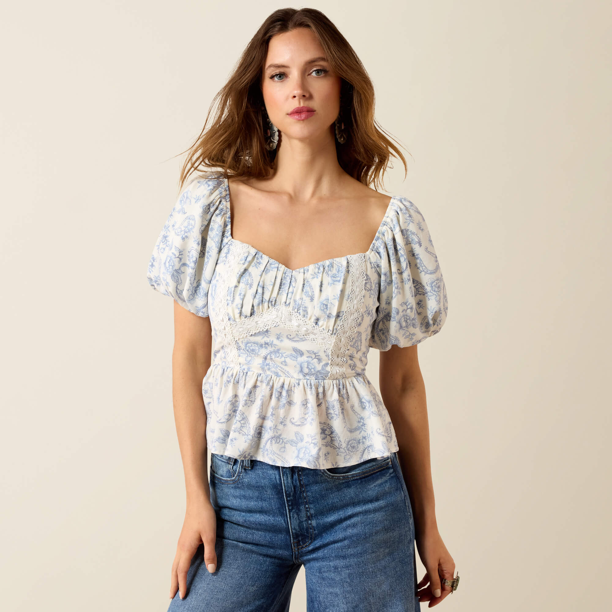 Zinnia Top Front - HORSESHOES AND FLORALS PRINT
