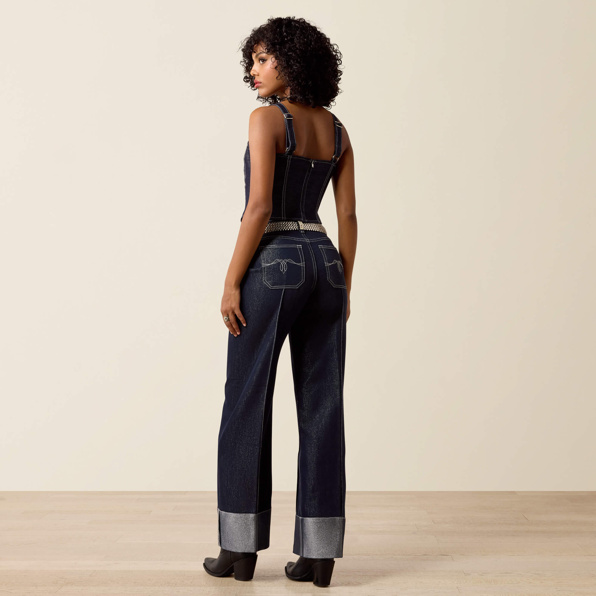 Ultra High Rise Lurex Wide Leg Jeans Back - SILVER RINSE