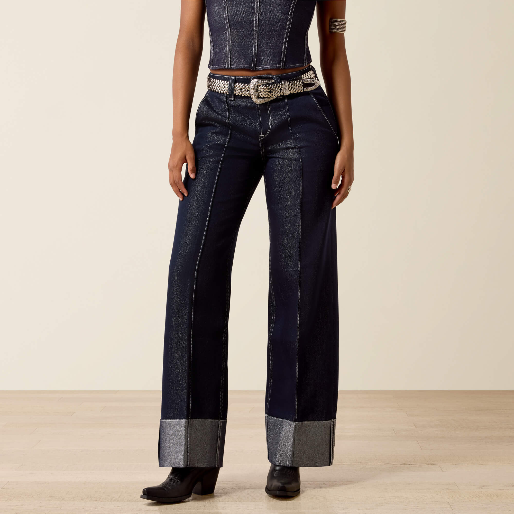 Ultra High Rise Lurex Wide Leg Jeans Front - SILVER RINSE