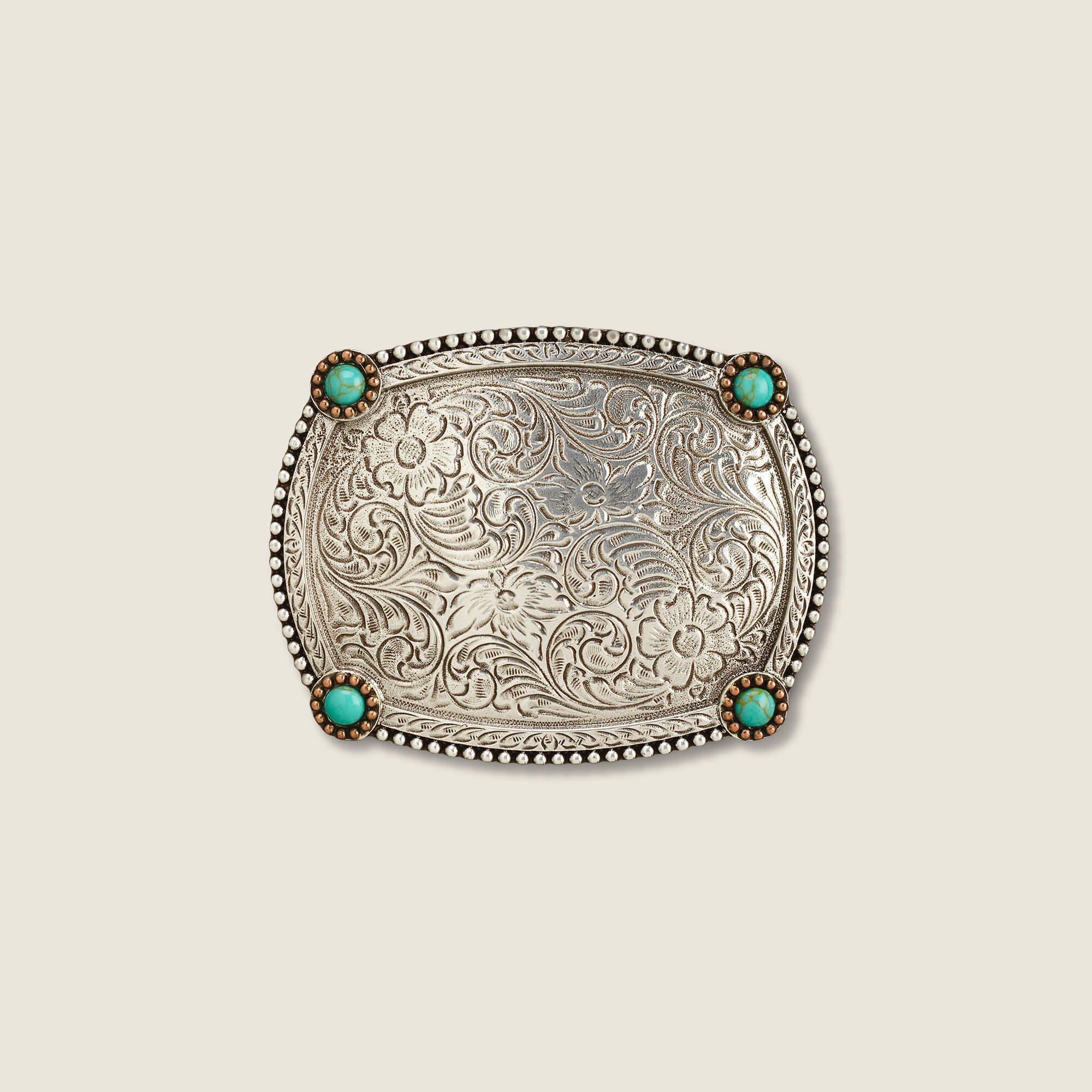 Beaded Edge Turquoise Corners Belt Buckle Front - SILVER