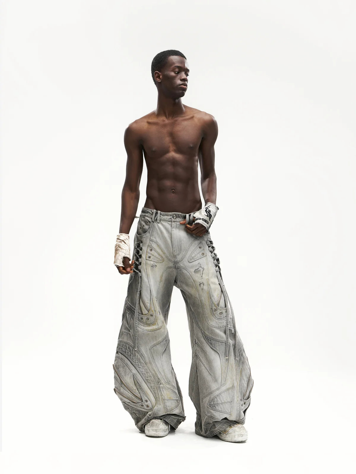 Deconstructed Flared Patchwork Denim Jeans White(HL6380)