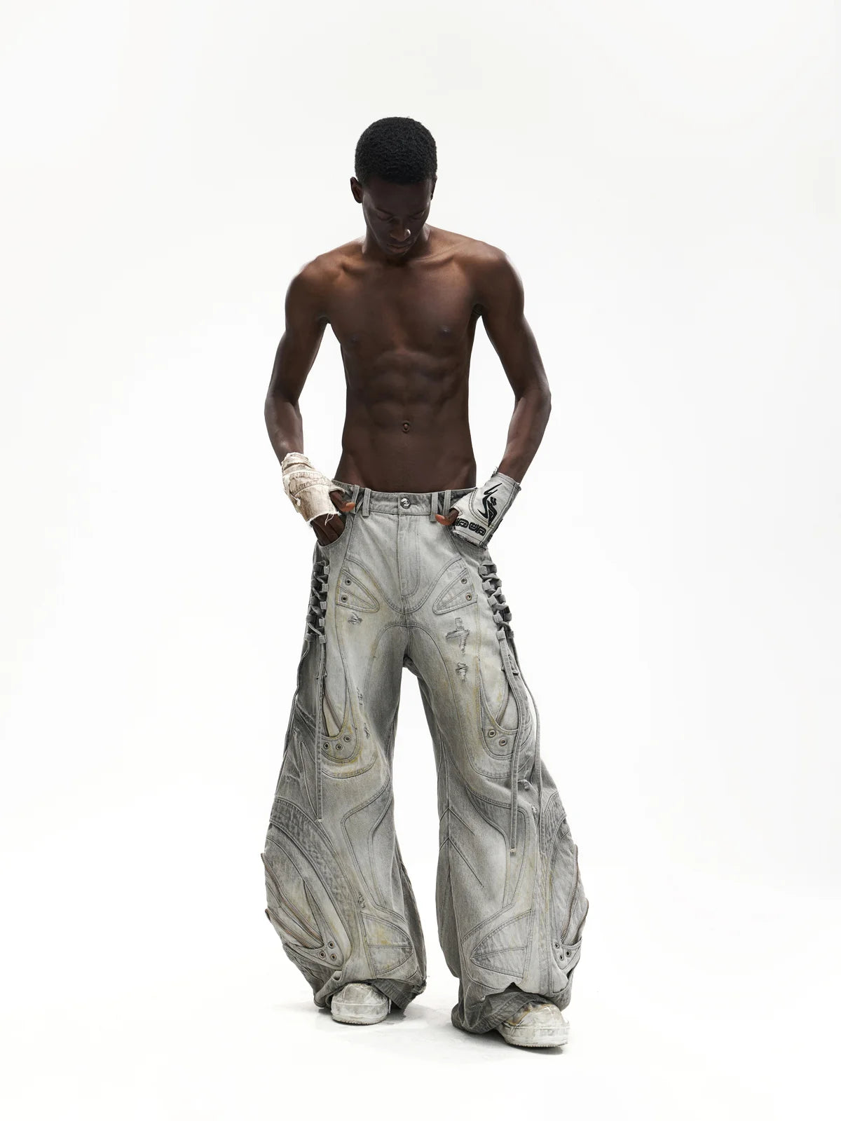 Deconstructed Flared Patchwork Denim Jeans White(HL6380)