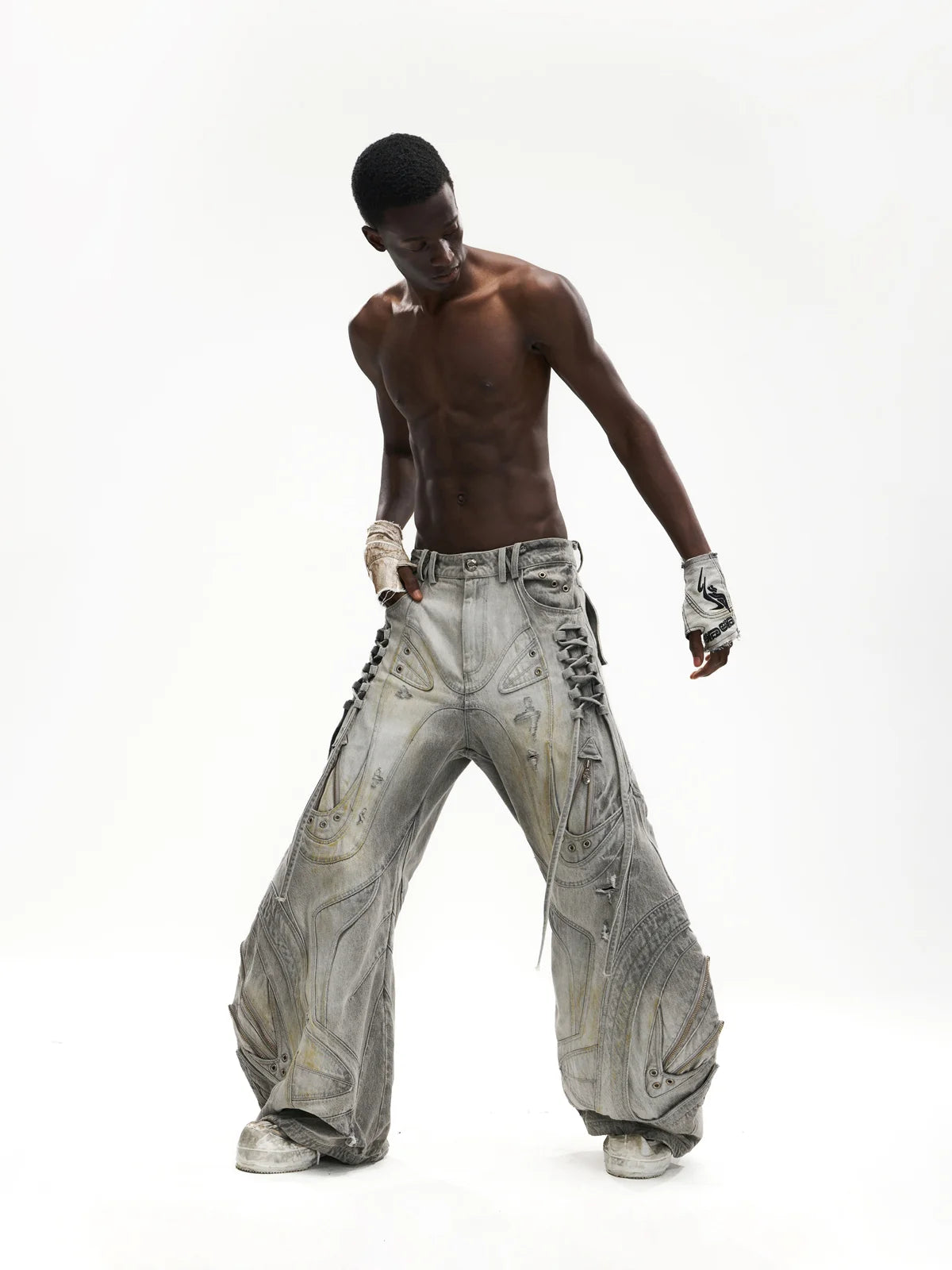 Deconstructed Flared Patchwork Denim Jeans White(HL6380)