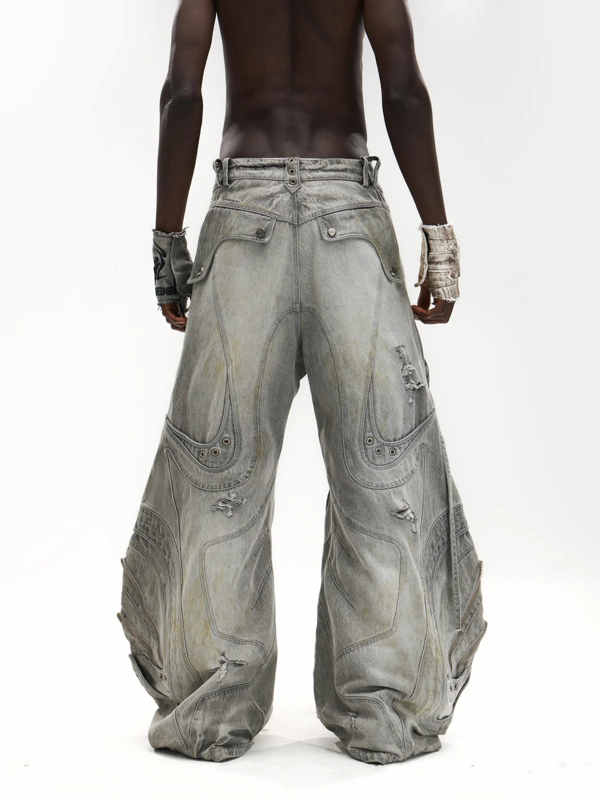 Deconstructed Flared Patchwork Denim Jeans White(HL6380)