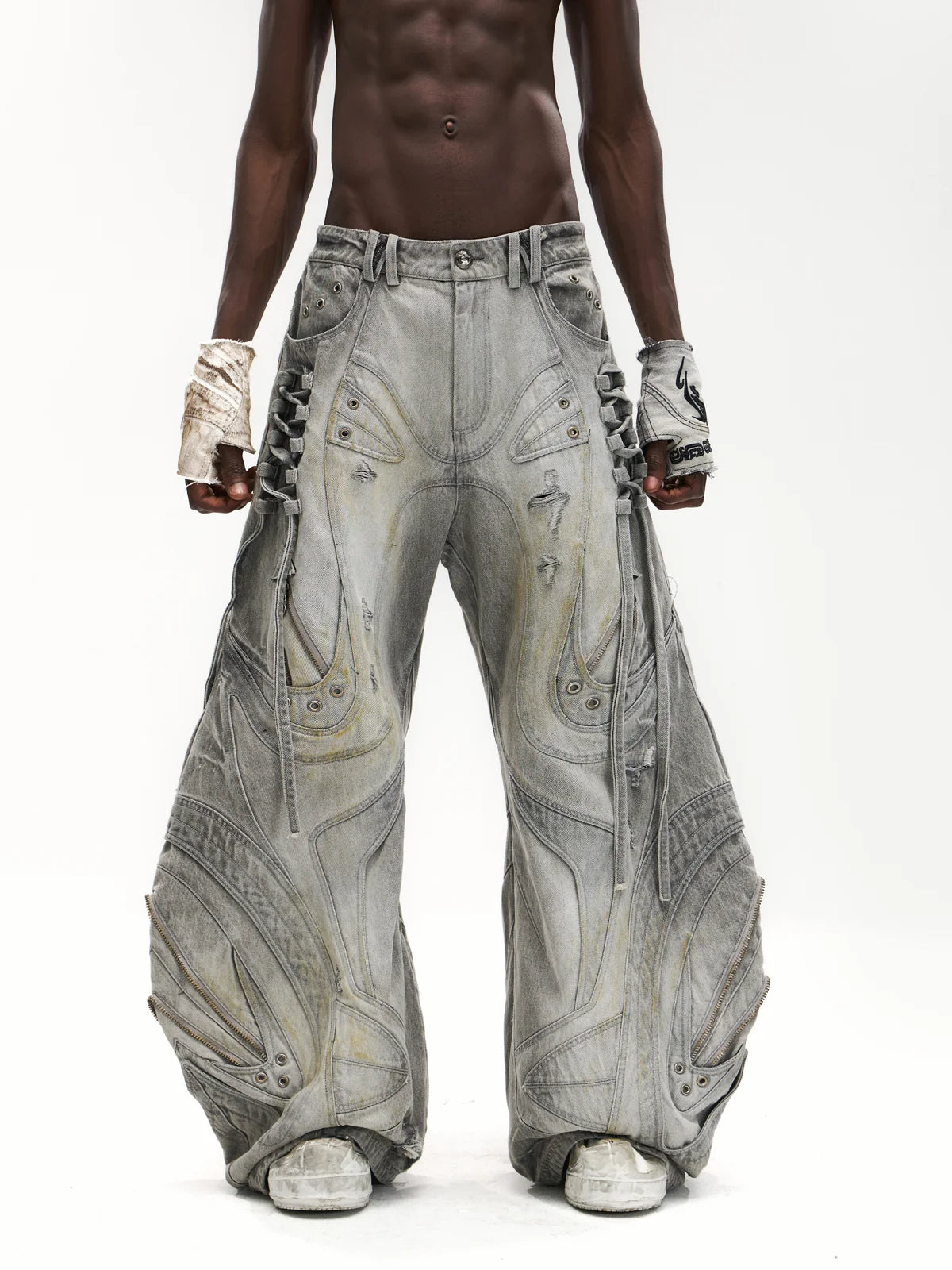 Deconstructed Flared Patchwork Denim Jeans White(HL6380)