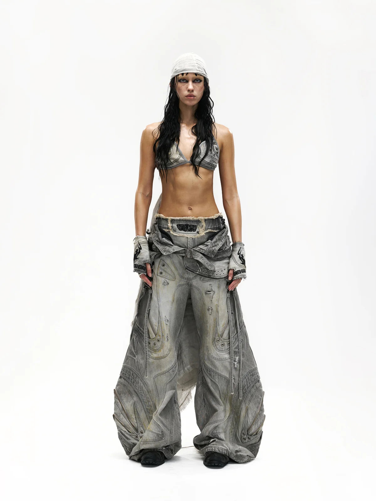 Deconstructed Flared Patchwork Denim Jeans White(HL6380)