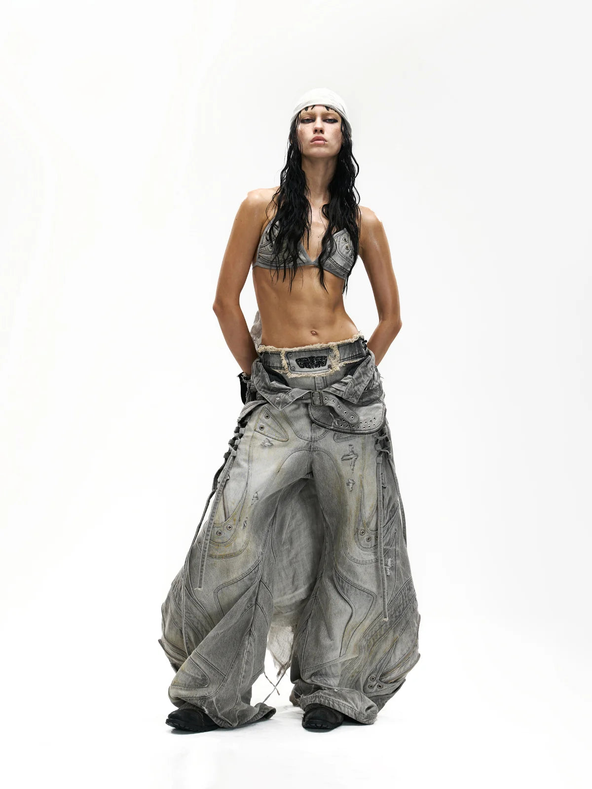 Deconstructed Flared Patchwork Denim Jeans White(HL6380)