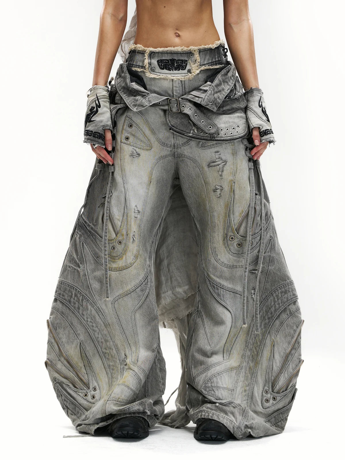 Deconstructed Flared Patchwork Denim Jeans White(HL6380)