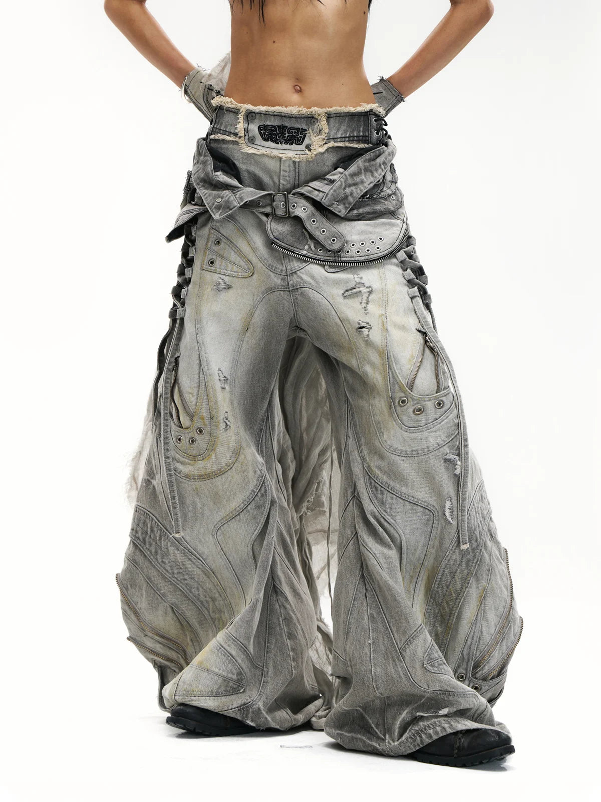 Deconstructed Flared Patchwork Denim Jeans White(HL6380)