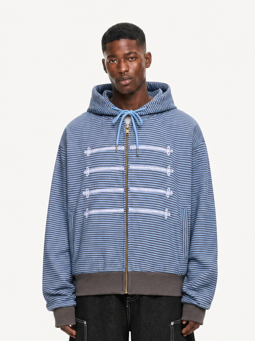 OYL-Lab Striped Military Embroidered Zip Up Cropped Hoodie 