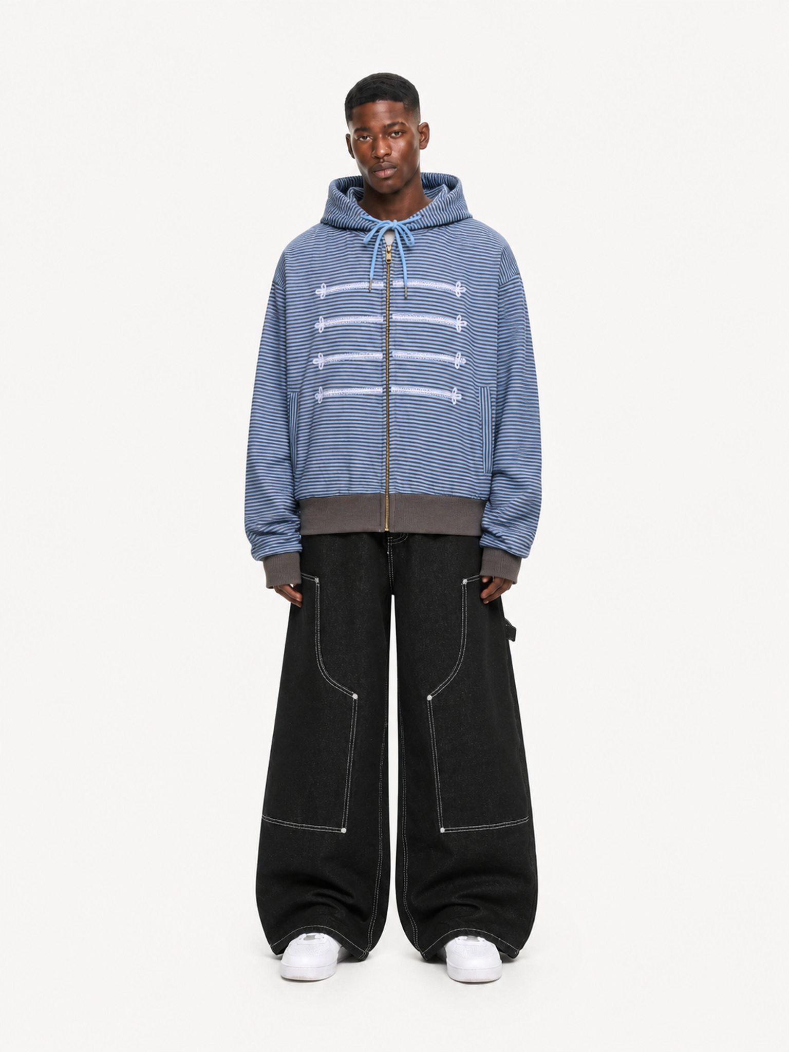 OYL-Lab Striped Military Embroidered Zip Up Cropped Hoodie 
