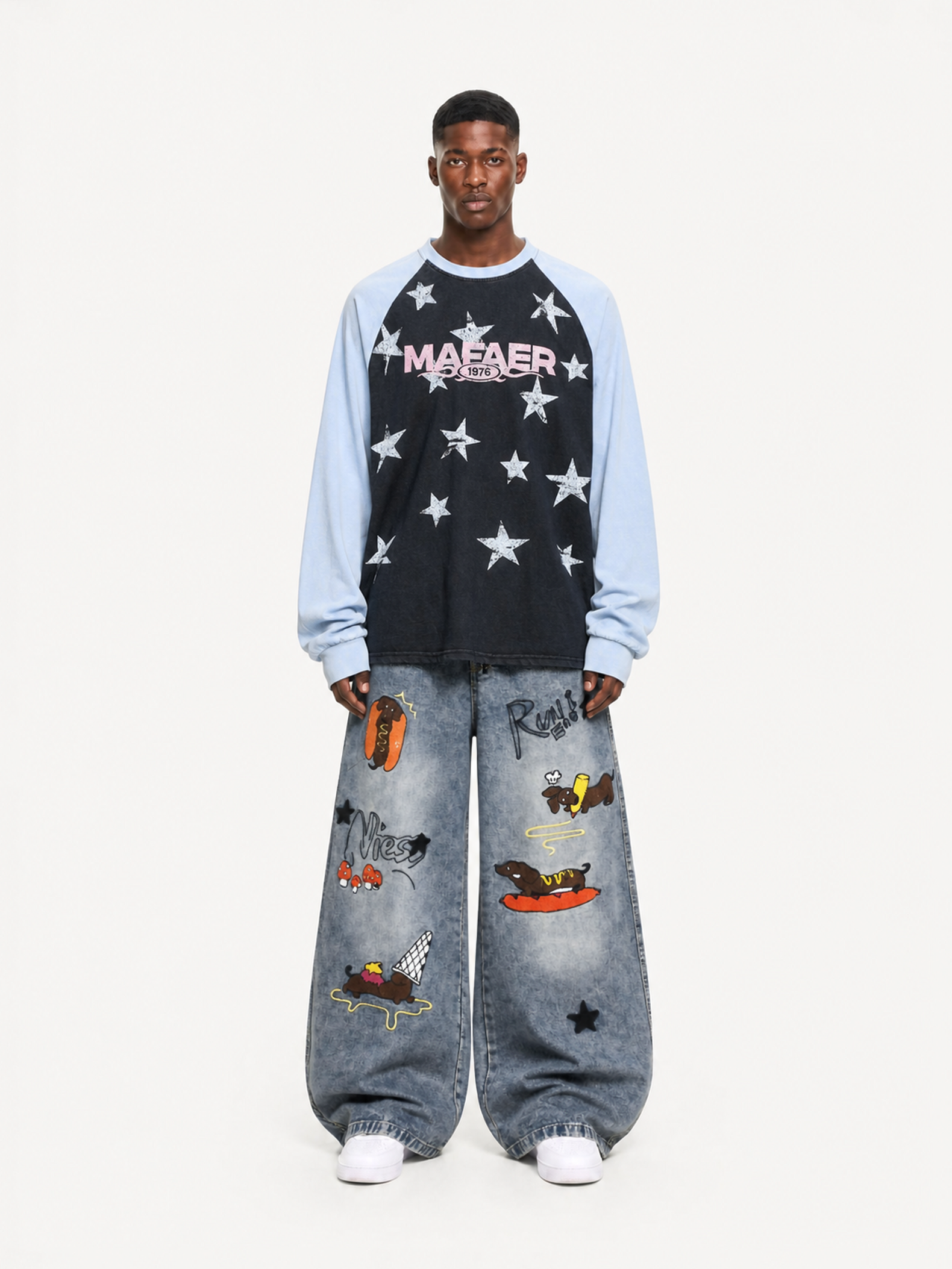 OYL-Lab Vintage Washed Star Print Raglan Sweatshirt