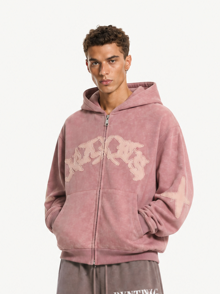 OYL‑Lab Raw-Edge Applique Faux Suede Zip Up Hoodie 