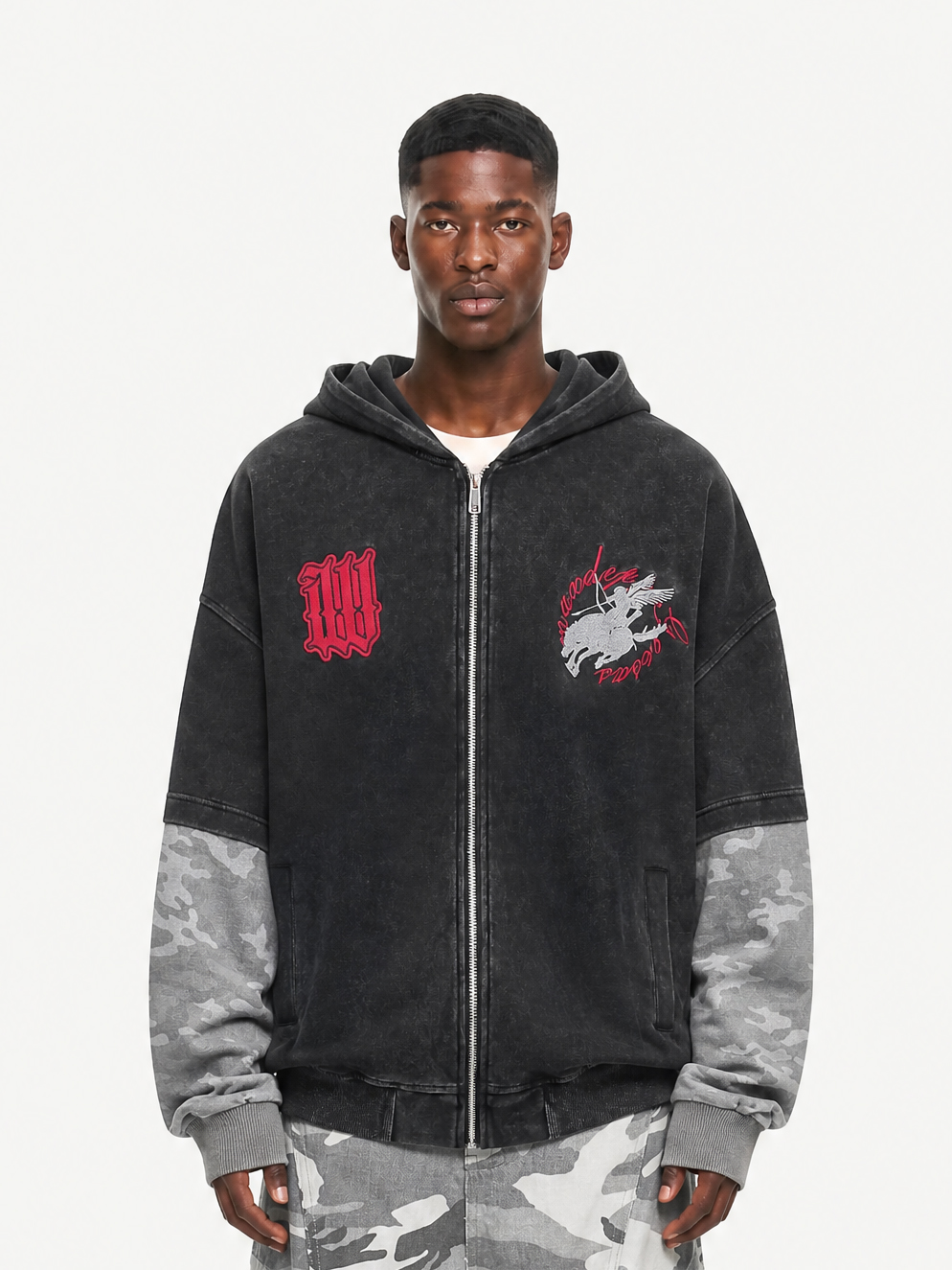 OYL‑Lab Acid‑Washed Camo Spliced Embroidered Zip‑Up Hoodie