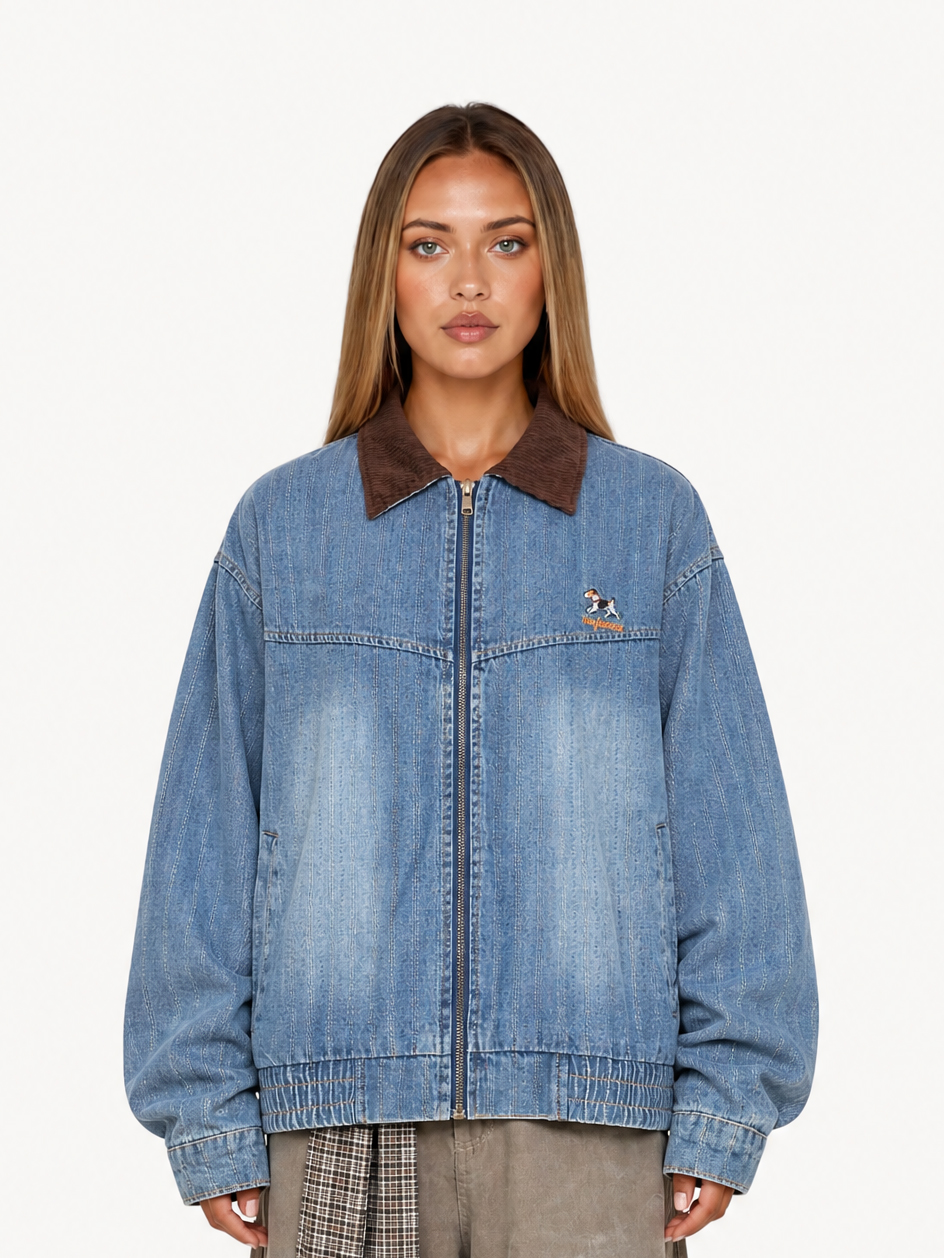 OYL-Lab Retro Corduroy Cute Puppy Embroidered Denim Jacket
