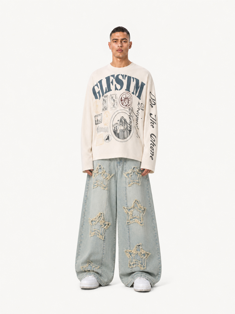OYL-Lab Frayed Star Patch Wash Baggy Jeans