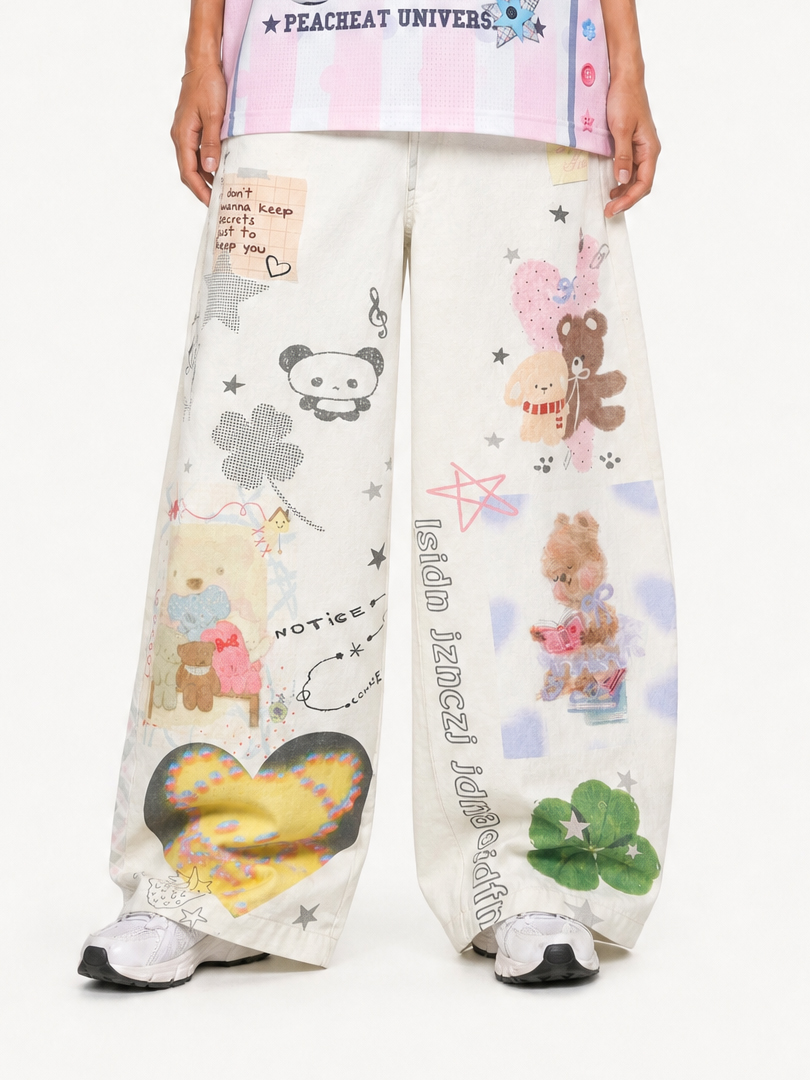 OYL-Lab Cartoon Teddy Bear Print Baggy Jeans