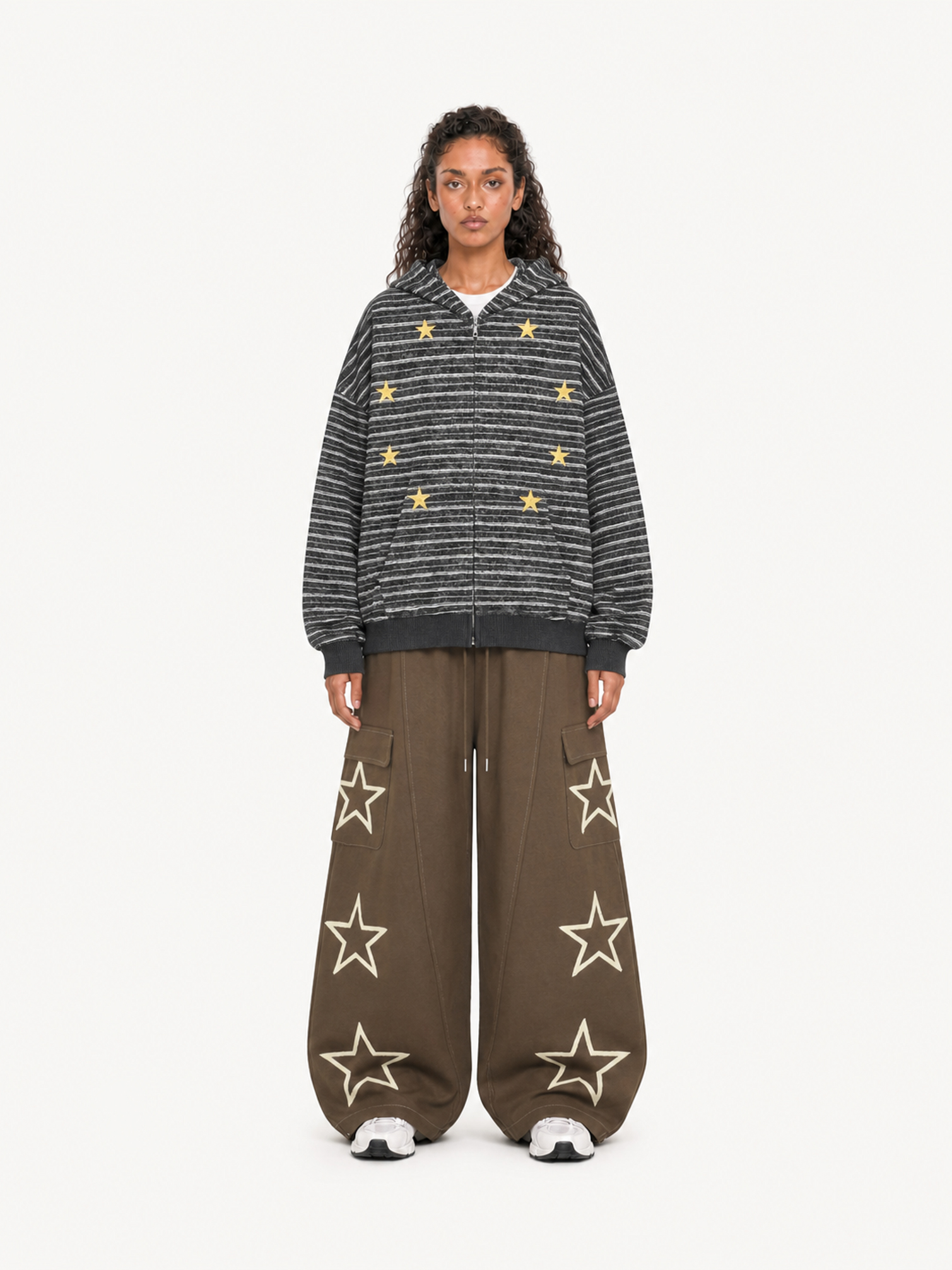 OYL-Lab Oversized Striped Star Embroidered Zip Up Hoodie