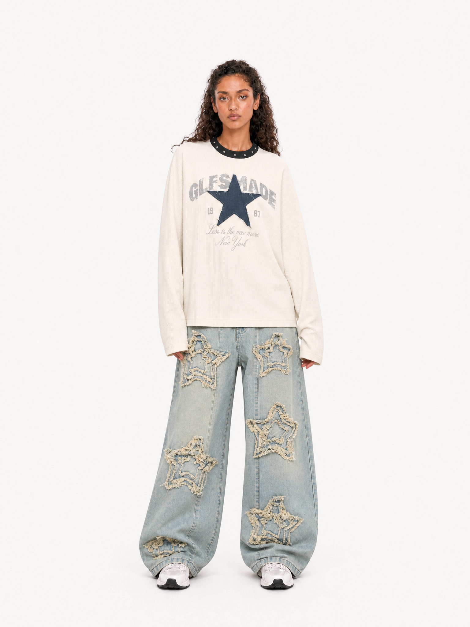 OYL-Lab Star Applique Waffle Long Sleeve Tee