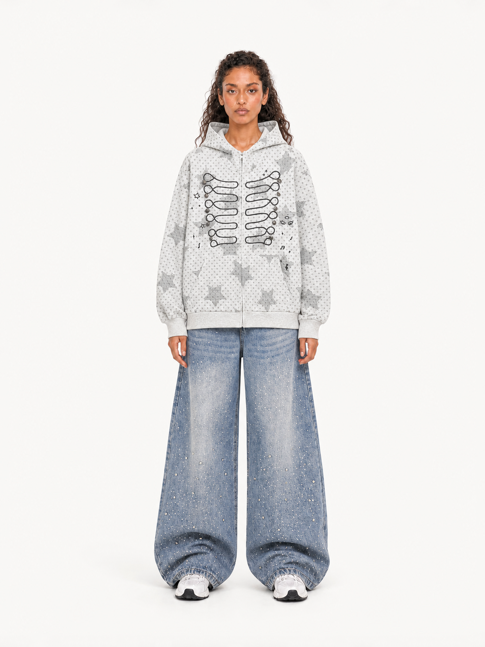OYL-Lab Star Print  Embroidery Zip Up Hoodie