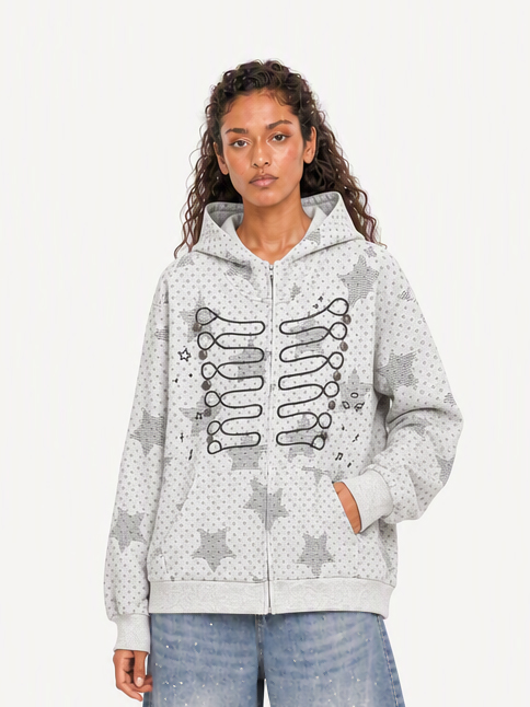 OYL-Lab Star Print  Embroidery Zip Up Hoodie