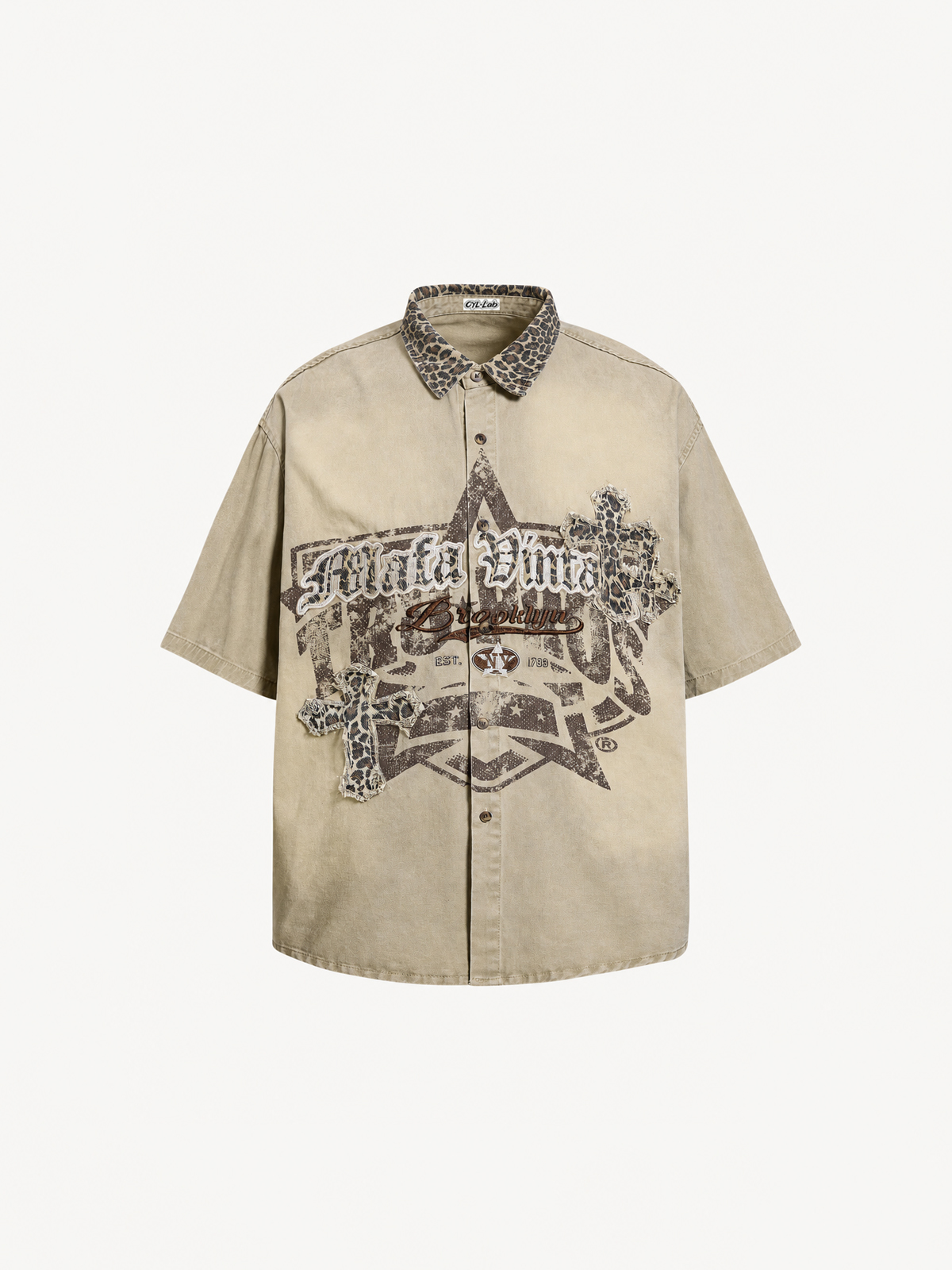 OYL-Lab Leopard Patch Cross Vintage Wash Shirt