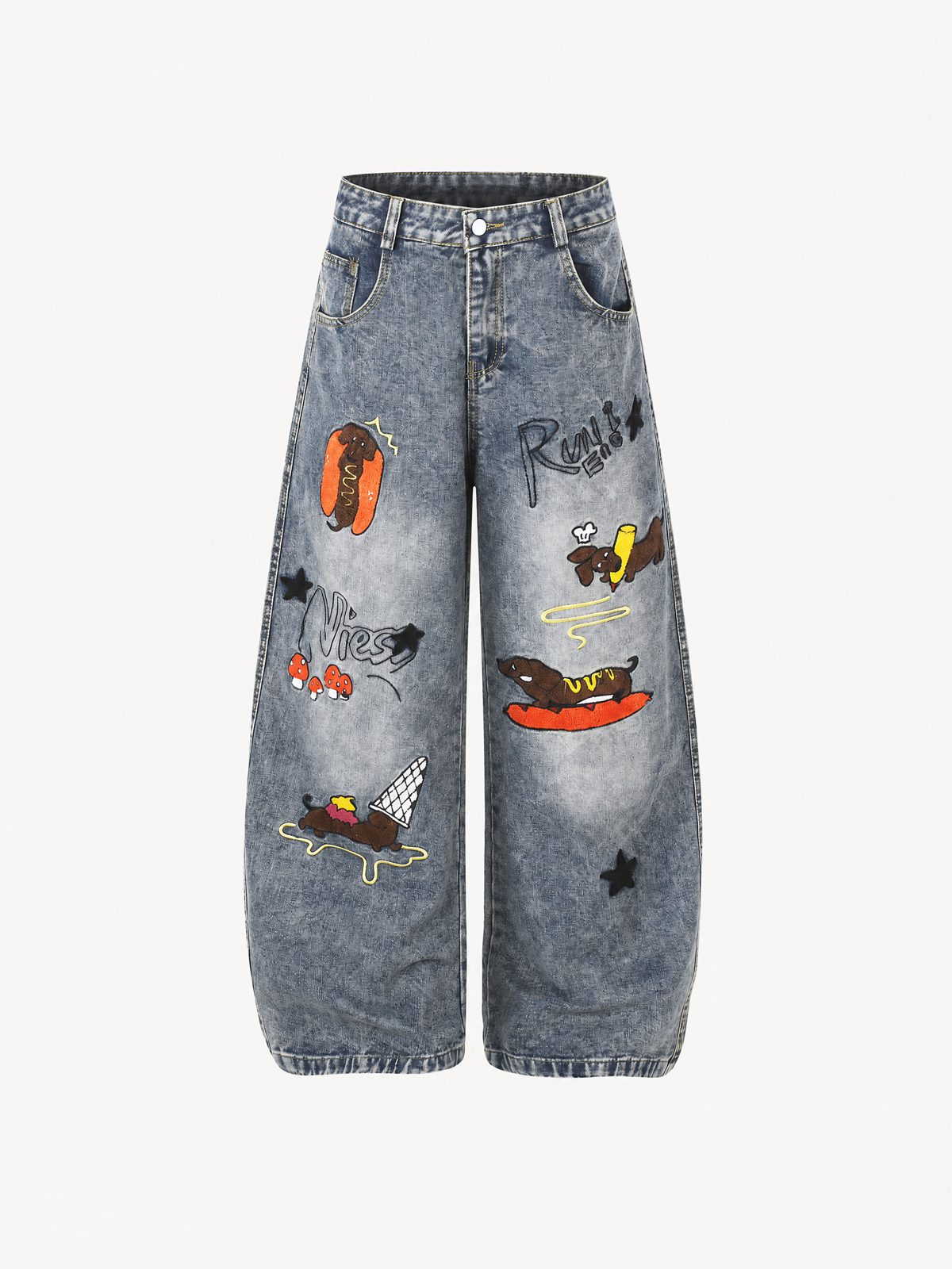 OYL-Lab Dachshund Towel Embroidery Baggy Jeans