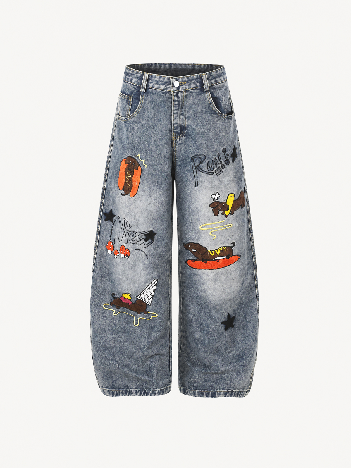 OYL-Lab Dachshund Towel Embroidery Baggy Jeans