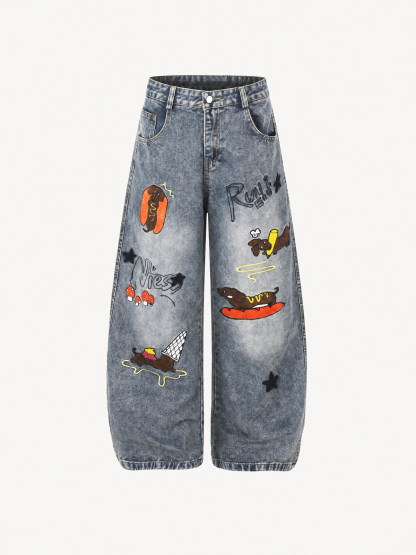 OYL-Lab Dachshund Towel Embroidery Baggy Jeans