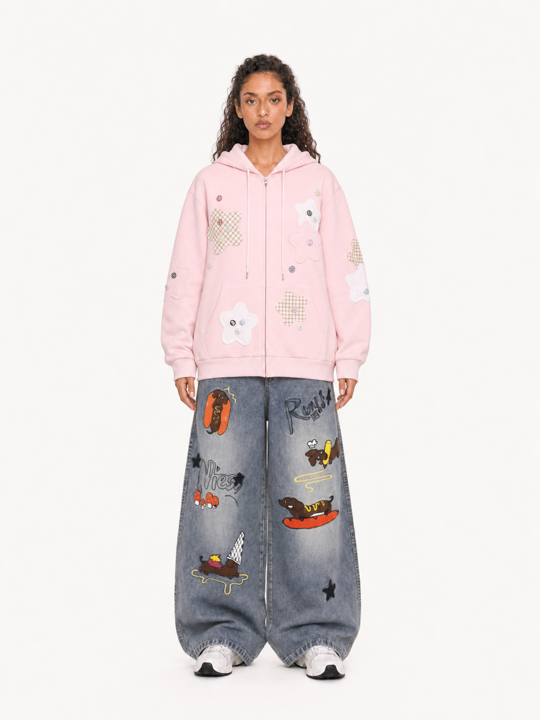 OYL-Lab Star Patch Button Detail Zip Up Hoodie