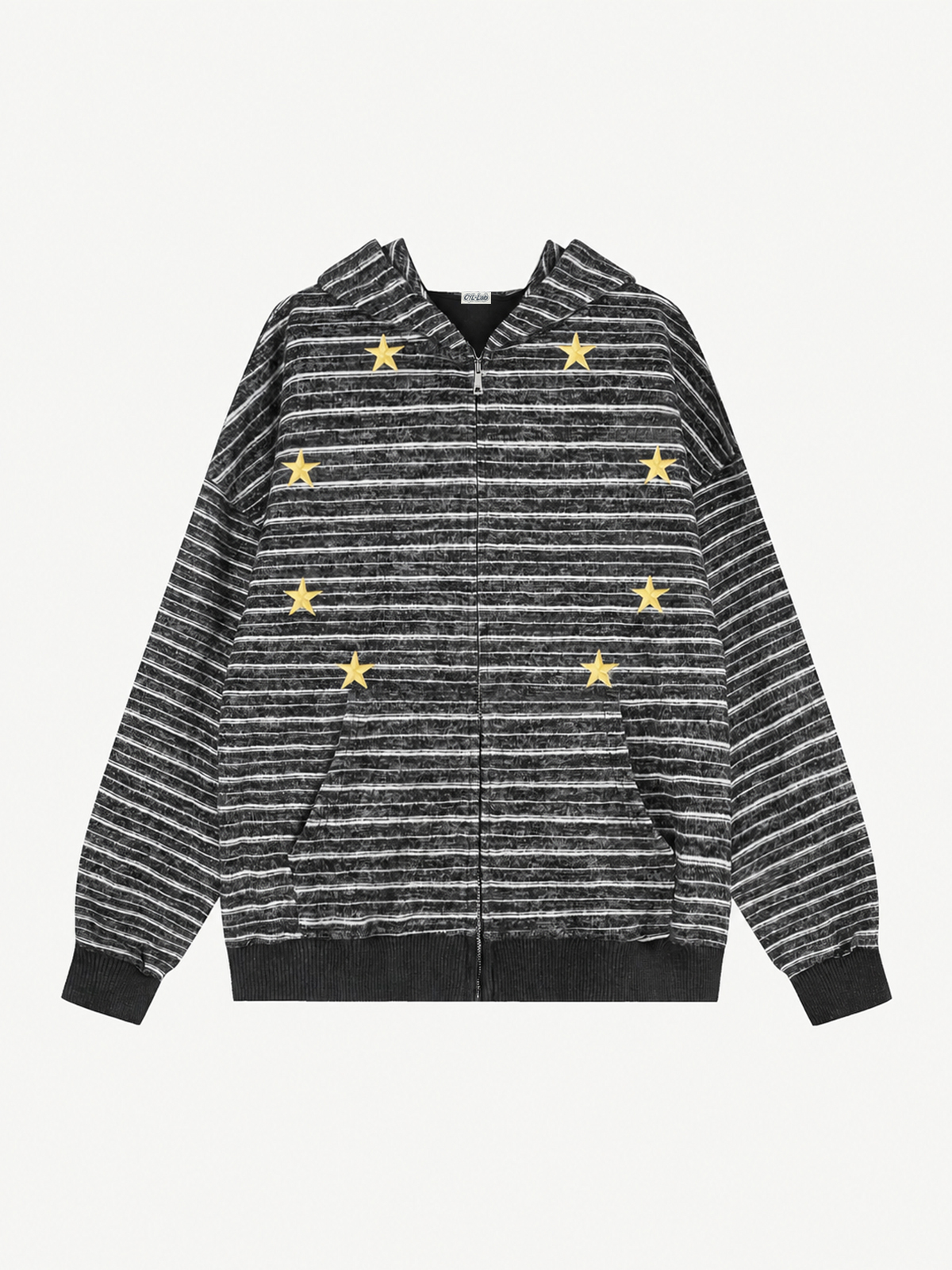 OYL-Lab Oversized Striped Star Embroidered Zip Up Hoodie