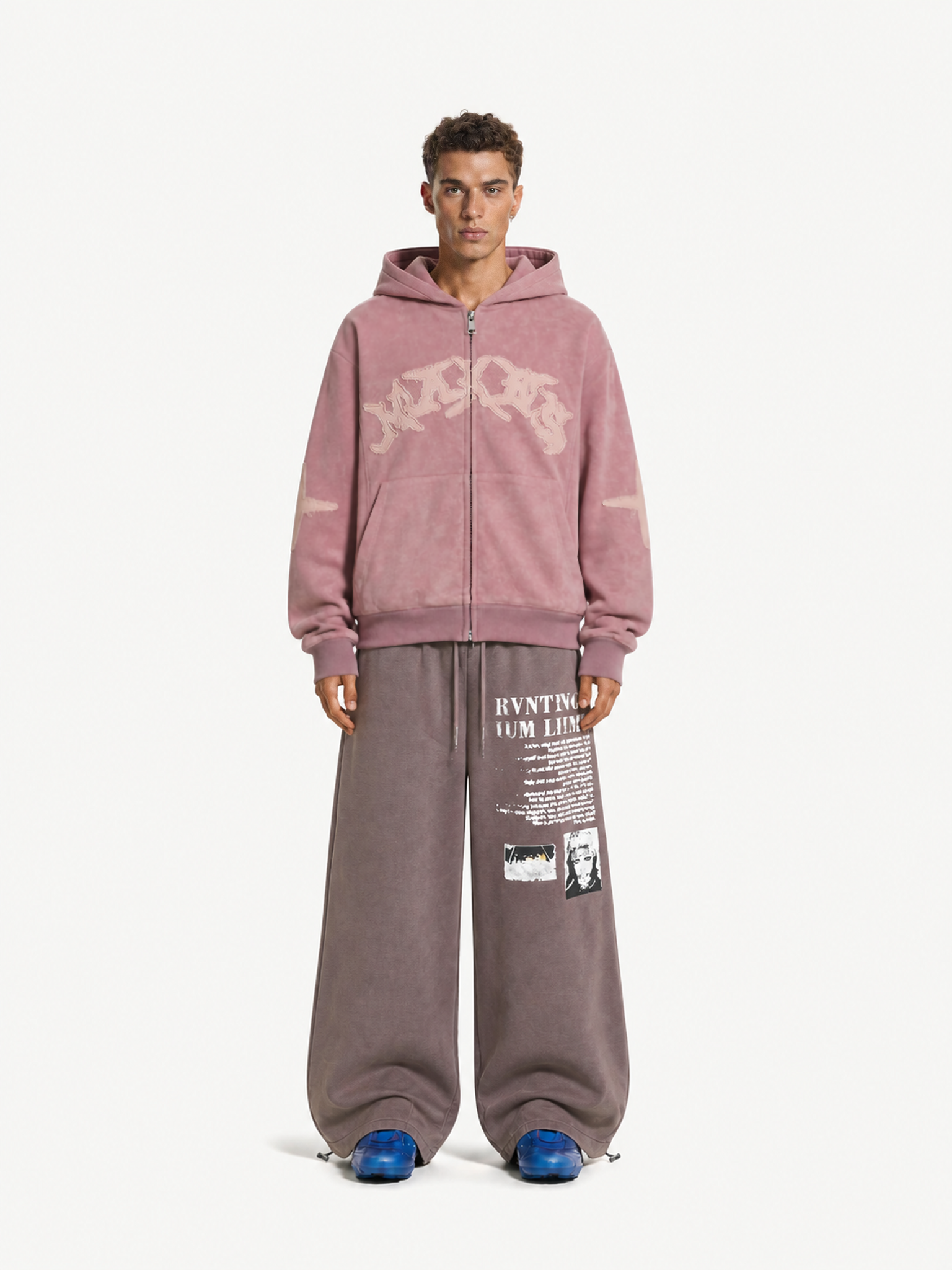 OYL‑Lab Raw-Edge Applique Faux Suede Zip Up Hoodie 