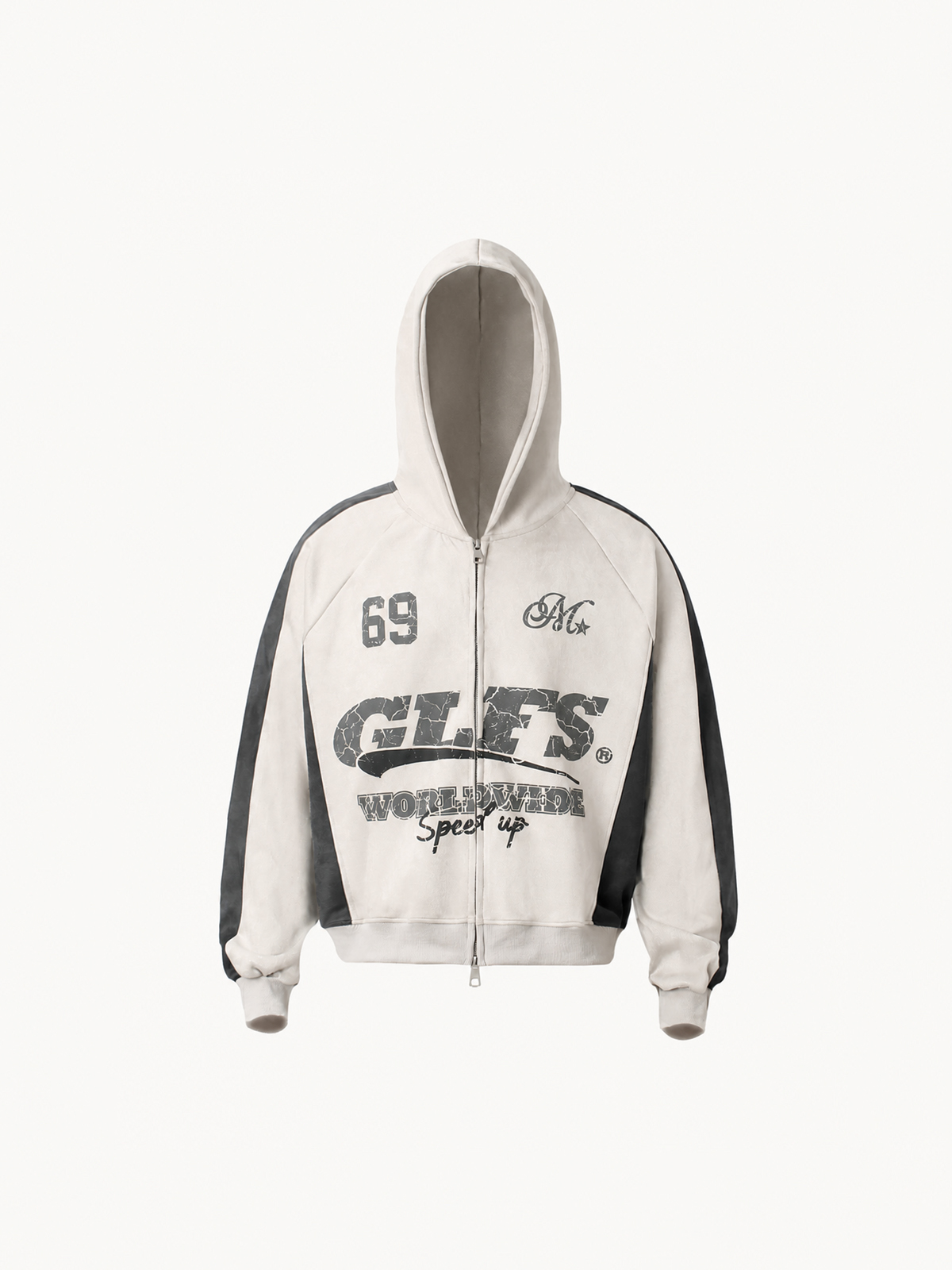 OYL‑Lab Vintage Crack Print Color‑Block Zip Up Hoodie