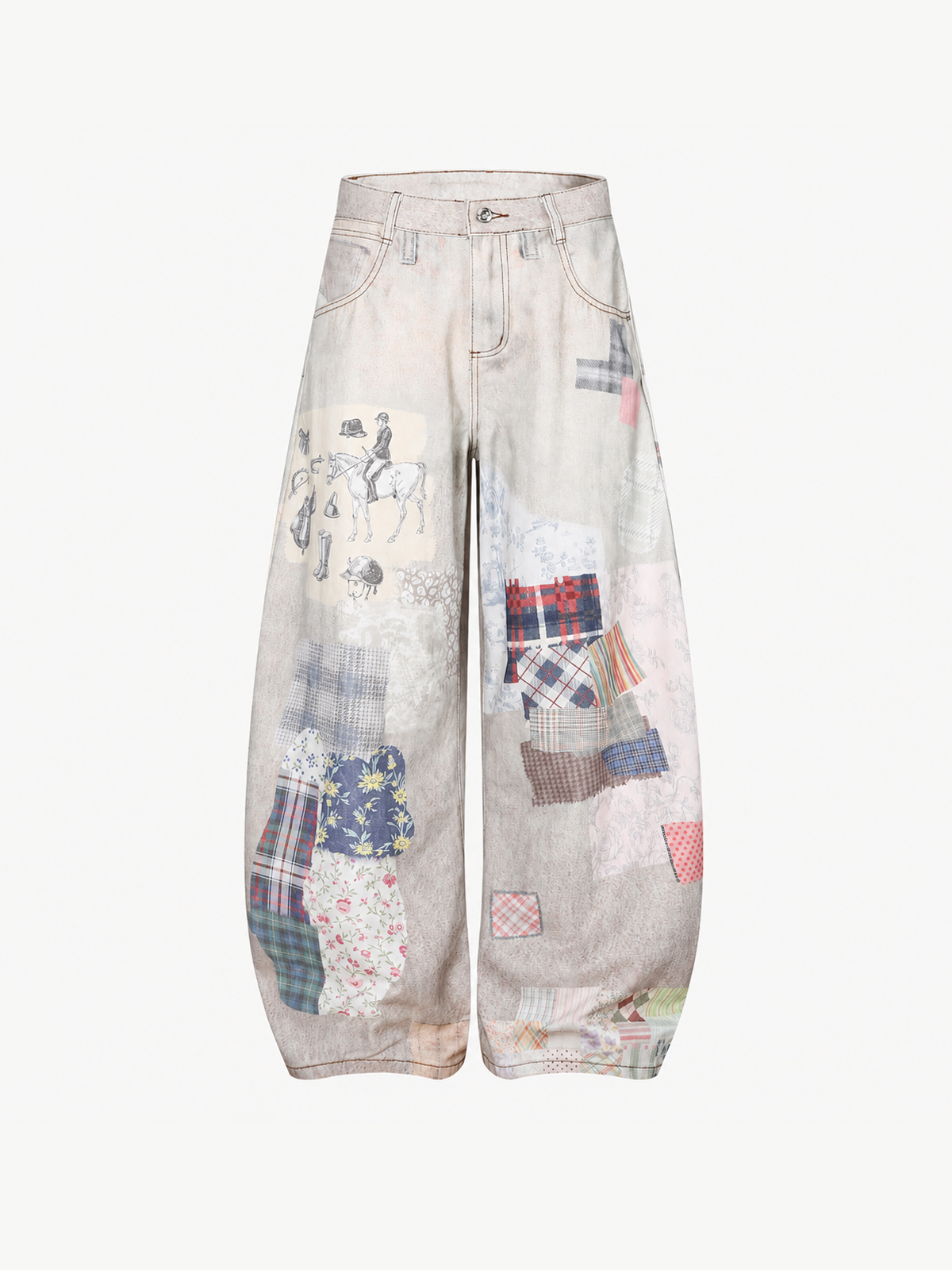 OYL-Lab Faux Denim Vintage Patchwork Print Pants
