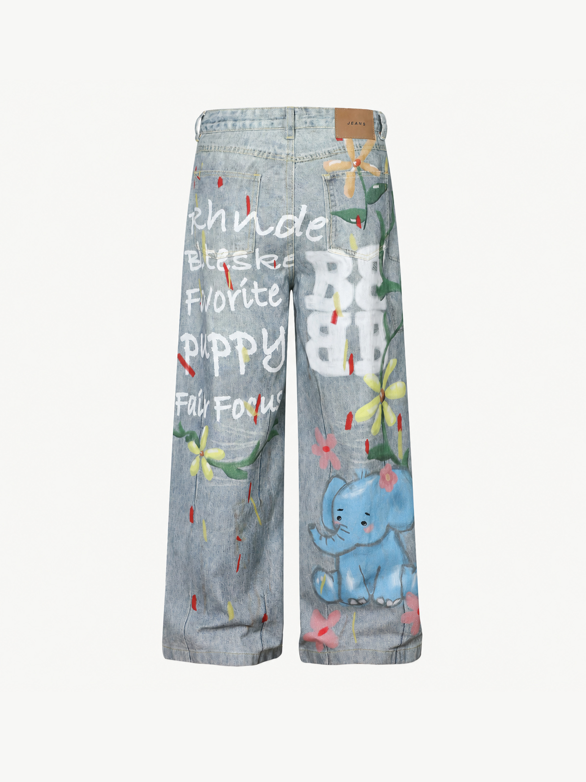 OYL-Lab Faux Denim Hand Drawn Cat Dog Print Pants