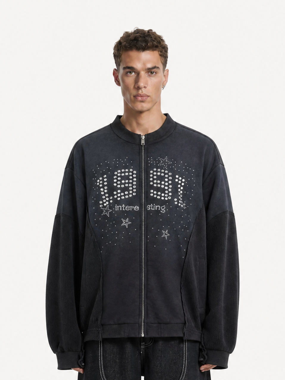 OYL-Lab Vintage Washed Rhinestone Graphic Bomber Jacket