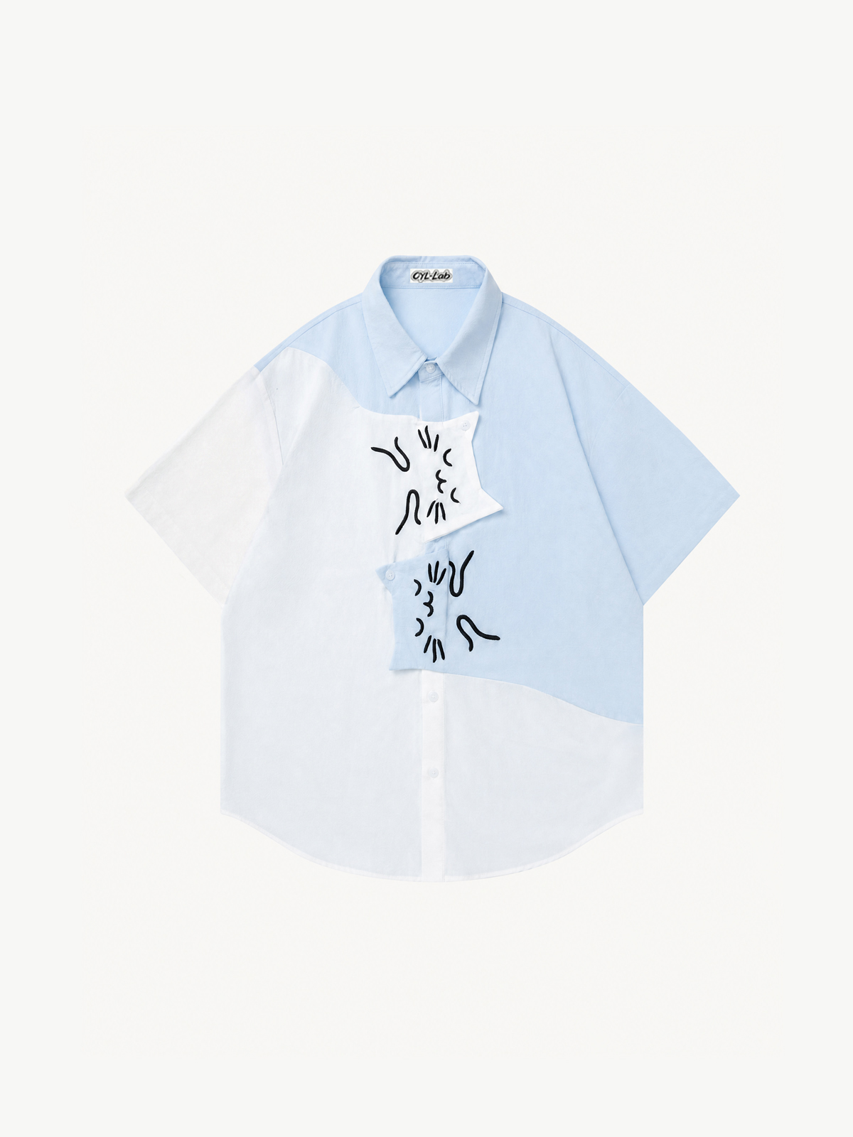 OYL-Lab Color Block Cat Embroidery  Short Sleeve Shirt