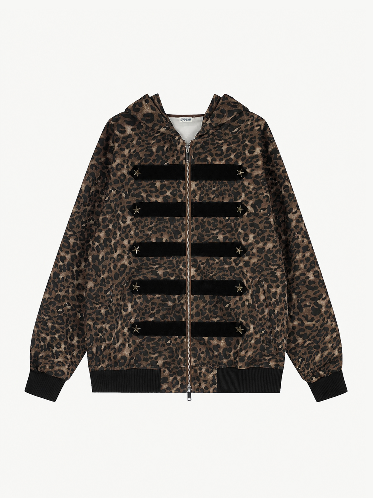 OYL-Lab Washed Black & Leopard Star Stud Zip Up Hoodie
