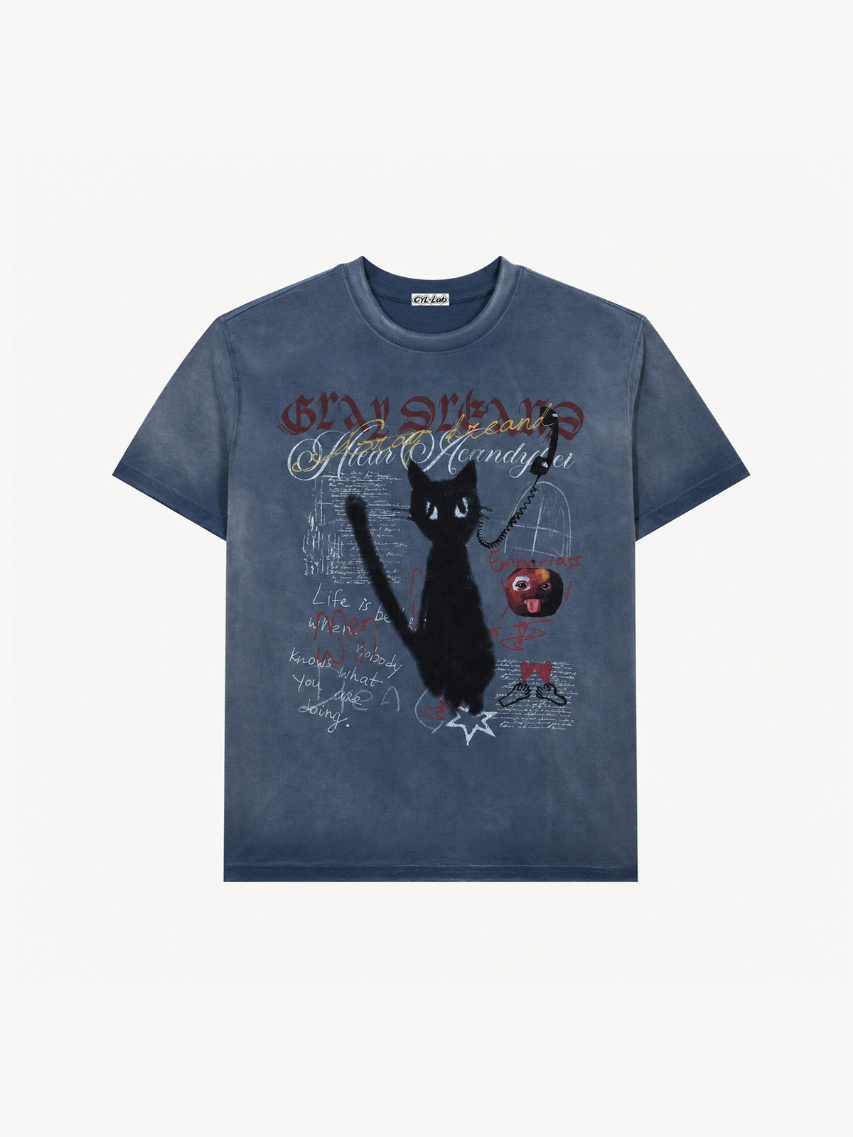 OYL-Lab Vintage Washed Black Cat Graffiti Tee