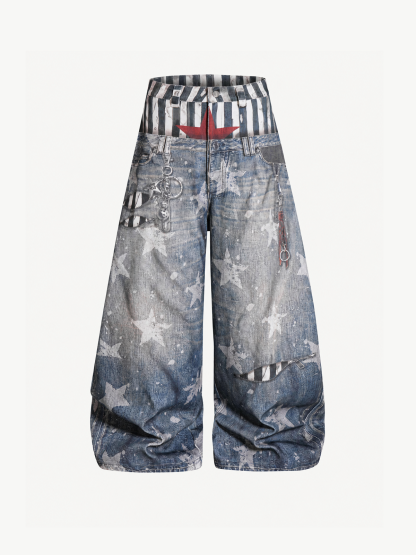 OYL-Lab Vintage Striped Waist Star Balloon Wide Leg Pants