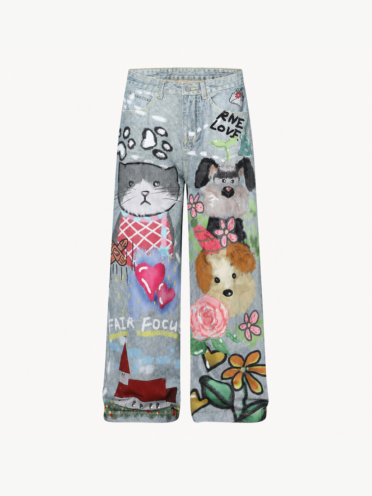 OYL-Lab Faux Denim Hand Drawn Cat Dog Print Pants