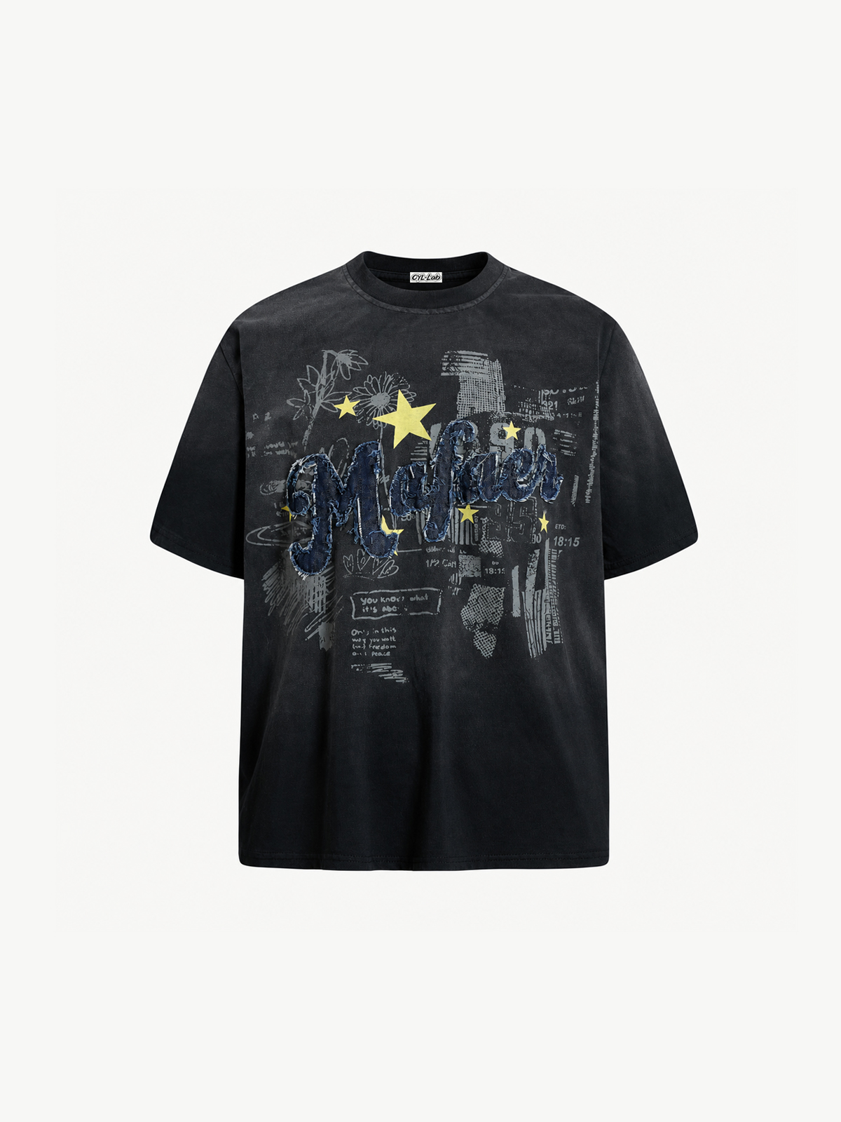 OYL-Lab Frayed Denim Patch Embroidery Tee