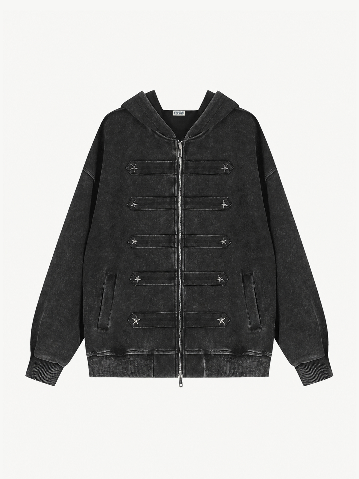 OYL-Lab Washed Black & Leopard Star Stud Zip Up Hoodie