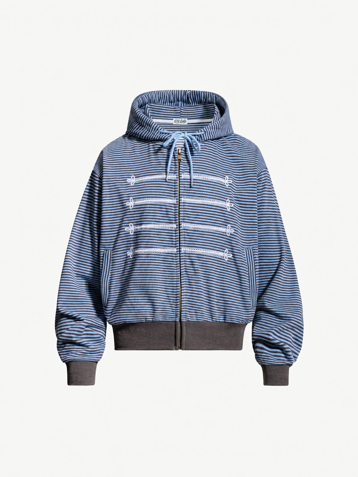 OYL-Lab Striped Military Embroidered Zip Up Cropped Hoodie 