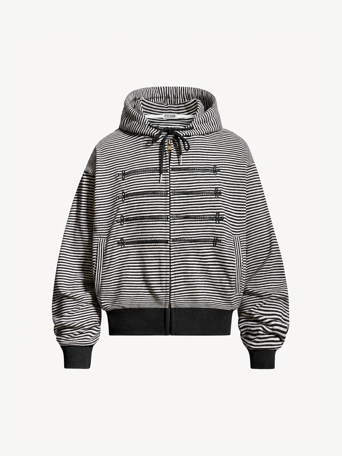 OYL-Lab Striped Military Embroidered Zip Up Cropped Hoodie 