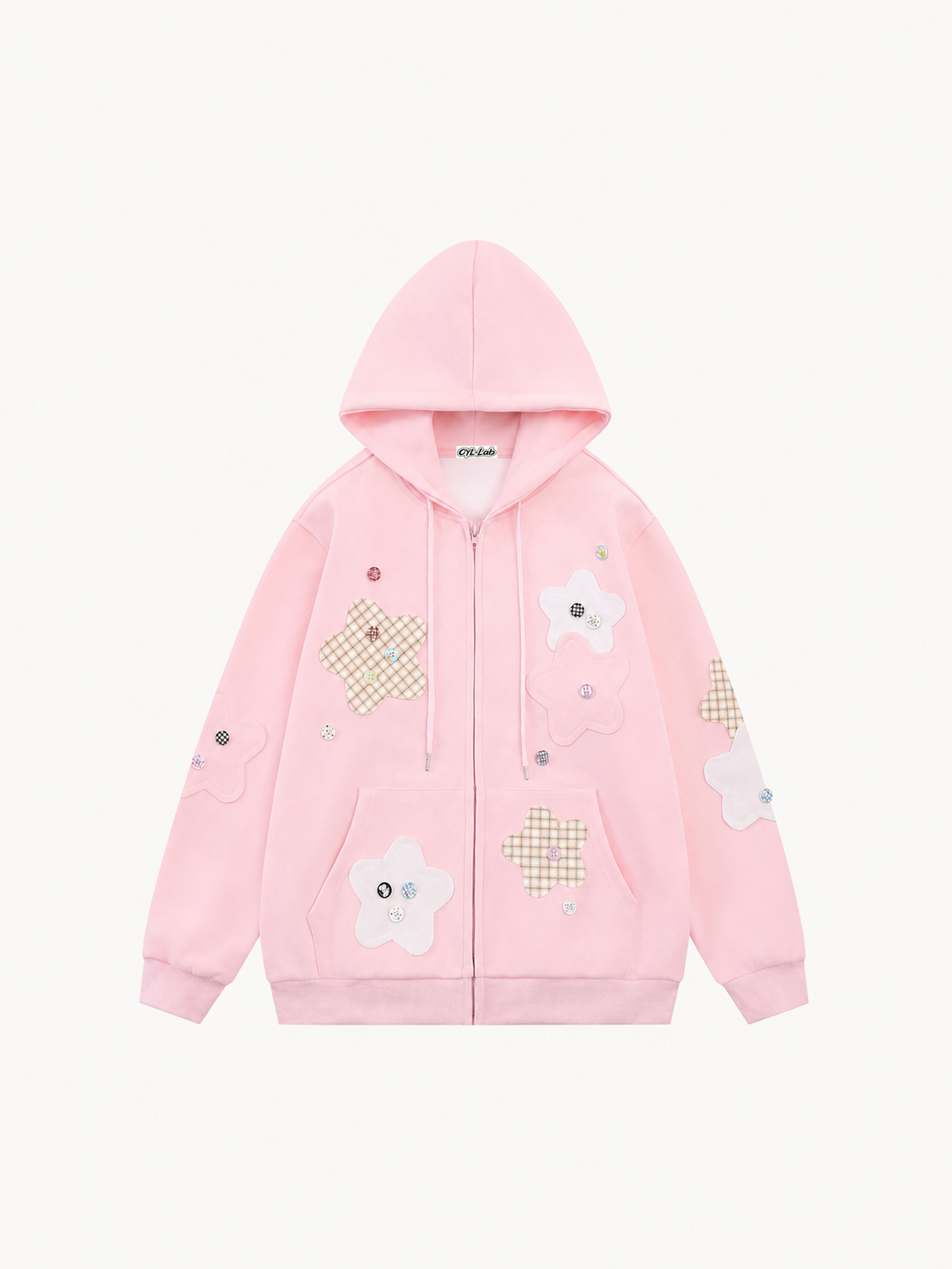 OYL-Lab Star Patch Button Detail Zip Up Hoodie