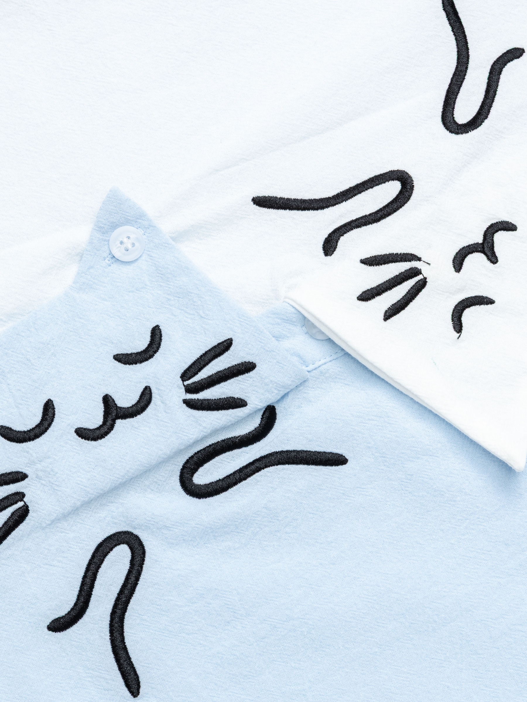 OYL-Lab Color Block Cat Embroidery  Short Sleeve Shirt