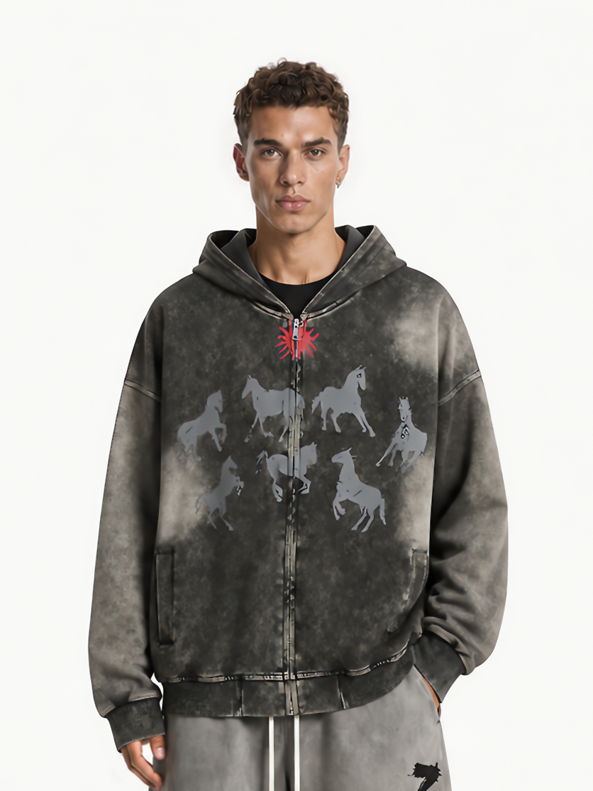 OYL‑Lab Vintage Washed Horse Graphic Zip‑Up Hoodie