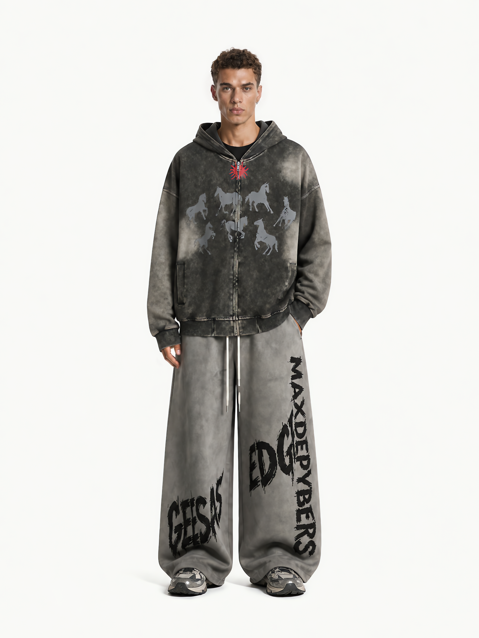 OYL‑Lab Vintage Washed Horse Graphic Zip‑Up Hoodie