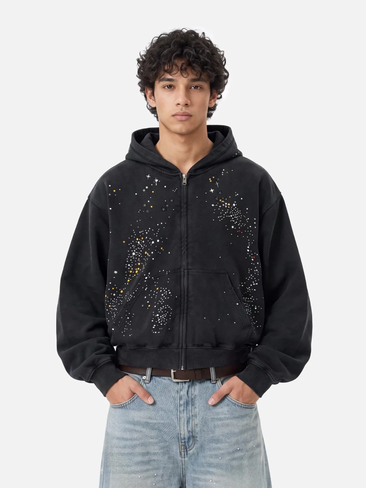 Vintage Washed Black Star Embellished Zip Up Oversized Hoodie Jacket [erp-image:abea75e1adf684785ce190ec]